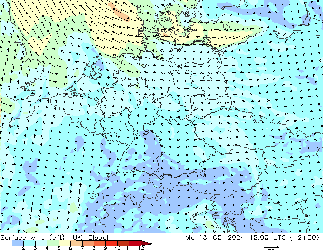 Surface wind (bft) UK-Global Mo 13.05.2024 18 UTC