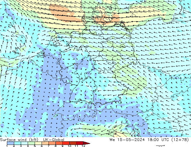 Surface wind (bft) UK-Global St 15.05.2024 18 UTC