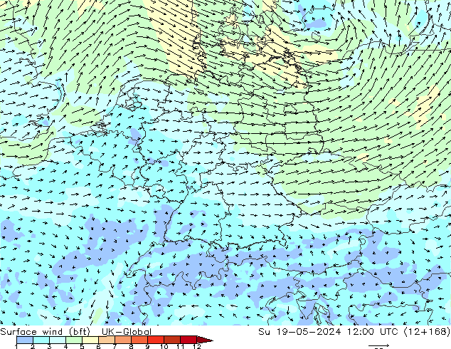 Surface wind (bft) UK-Global Su 19.05.2024 12 UTC