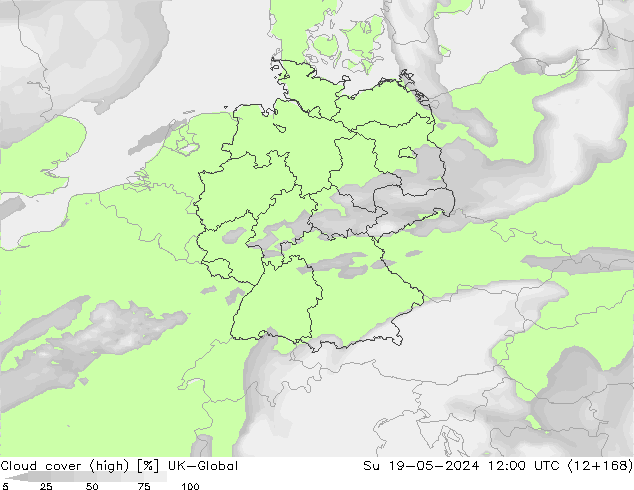 Cloud cover (high) UK-Global Su 19.05.2024 12 UTC