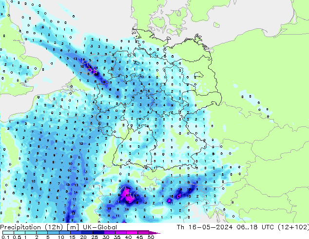 Totale neerslag (12h) UK-Global do 16.05.2024 18 UTC