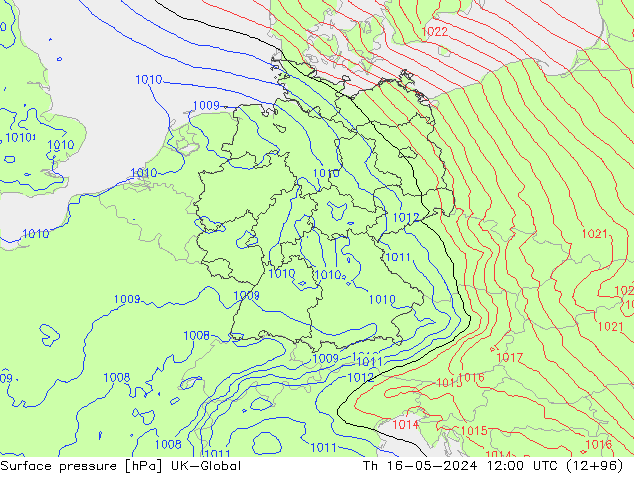 Presión superficial UK-Global jue 16.05.2024 12 UTC