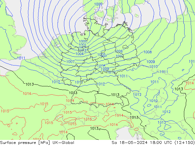 Pressione al suolo UK-Global sab 18.05.2024 18 UTC