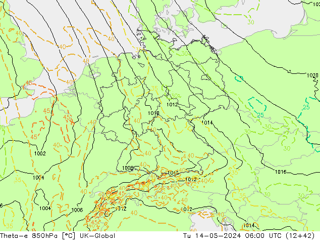 Theta-e 850hPa UK-Global  14.05.2024 06 UTC