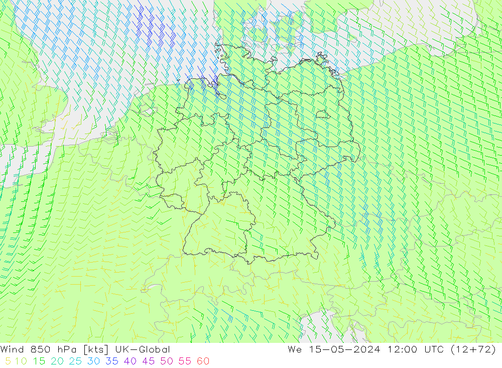 Wind 850 hPa UK-Global wo 15.05.2024 12 UTC