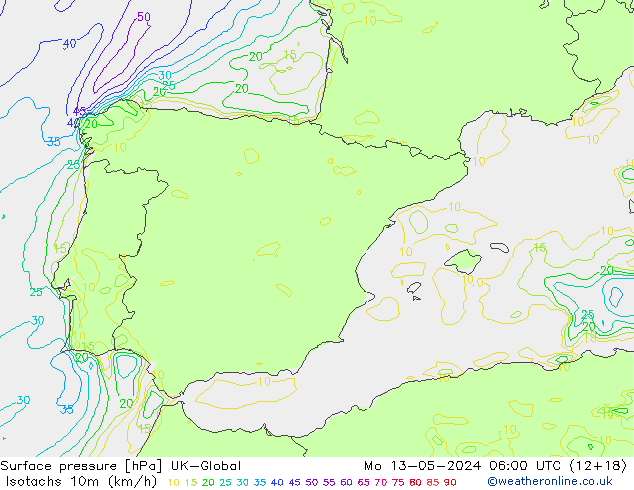 Isotachs (kph) UK-Global Mo 13.05.2024 06 UTC