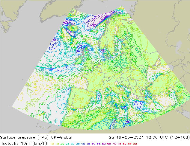 Isotachen (km/h) UK-Global zo 19.05.2024 12 UTC