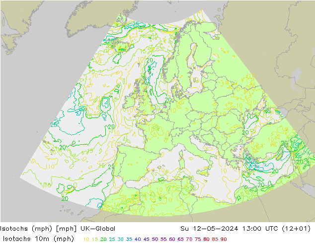 Isotachen (mph) UK-Global So 12.05.2024 13 UTC