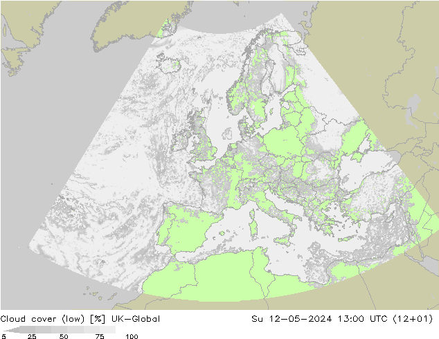 Cloud cover (low) UK-Global Su 12.05.2024 13 UTC