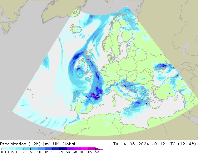 Precipitation (12h) UK-Global Út 14.05.2024 12 UTC