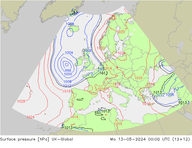 Atmosférický tlak UK-Global Po 13.05.2024 00 UTC