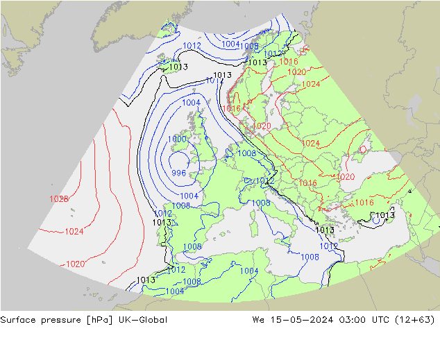 Pressione al suolo UK-Global mer 15.05.2024 03 UTC