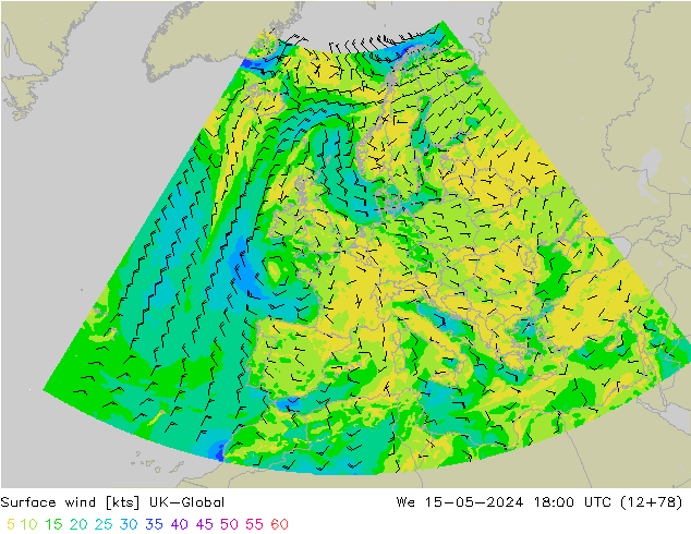 Surface wind UK-Global St 15.05.2024 18 UTC
