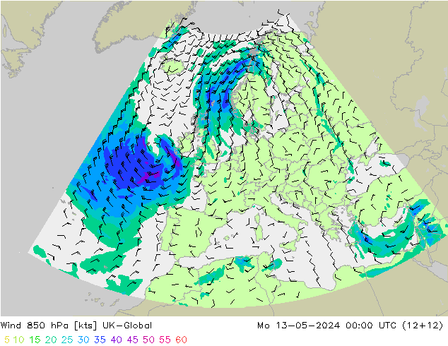 Wind 850 hPa UK-Global Mo 13.05.2024 00 UTC