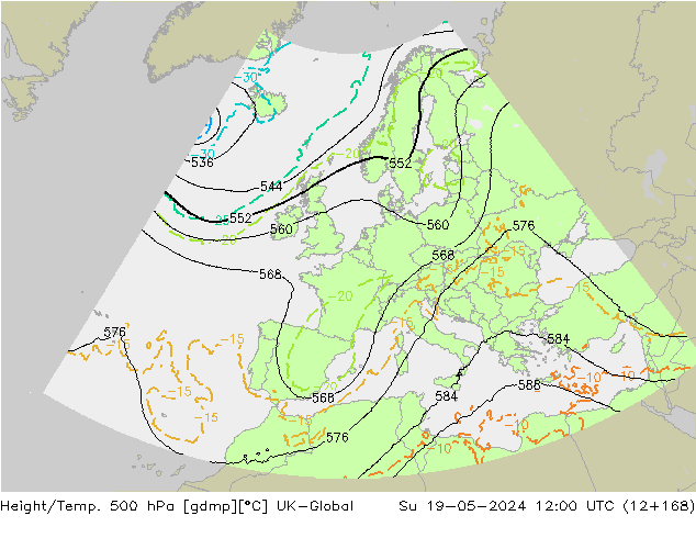 Height/Temp. 500 hPa UK-Global Su 19.05.2024 12 UTC