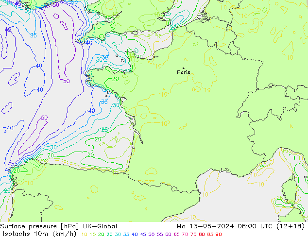 Isotachs (kph) UK-Global Po 13.05.2024 06 UTC
