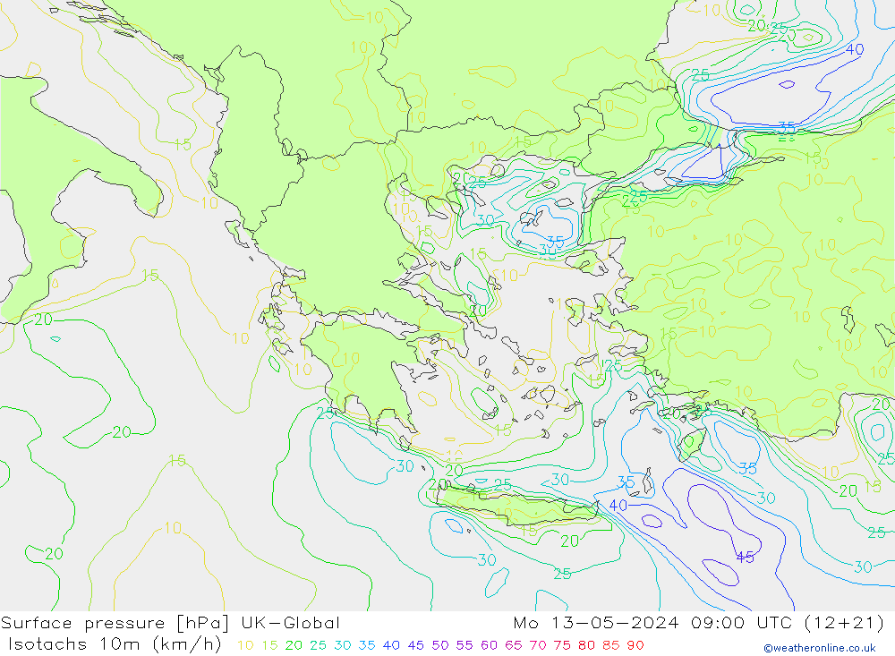 Eşrüzgar Hızları (km/sa) UK-Global Pzt 13.05.2024 09 UTC