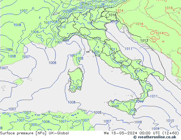 Pressione al suolo UK-Global mer 15.05.2024 00 UTC