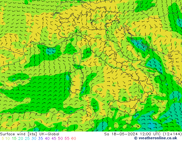 Wind 10 m UK-Global za 18.05.2024 12 UTC