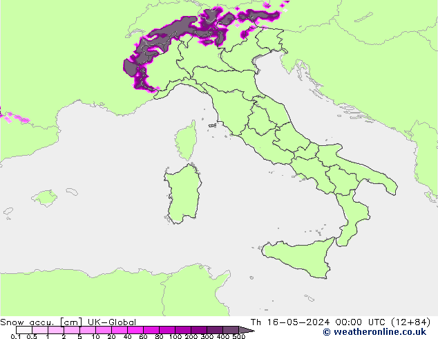 Snow accu. UK-Global Čt 16.05.2024 00 UTC