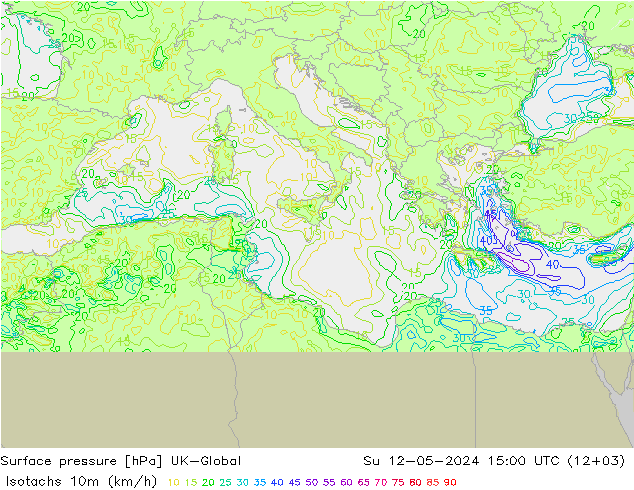 Eşrüzgar Hızları (km/sa) UK-Global Paz 12.05.2024 15 UTC