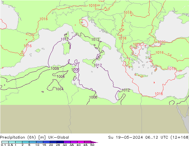 Totale neerslag (6h) UK-Global zo 19.05.2024 12 UTC