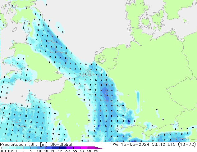 Precipitazione (6h) UK-Global mer 15.05.2024 12 UTC