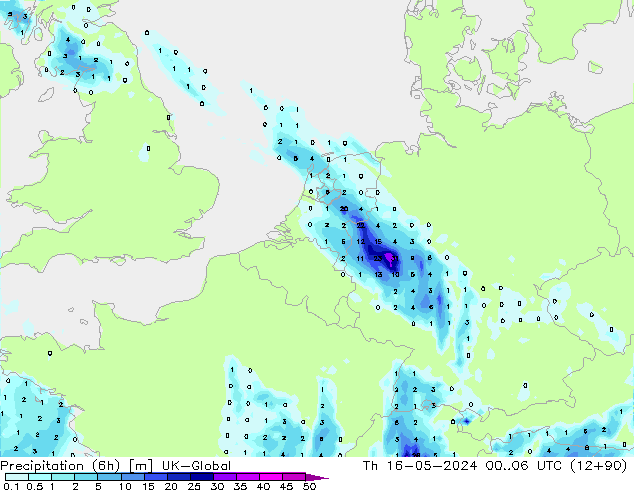 Precipitation (6h) UK-Global Th 16.05.2024 06 UTC
