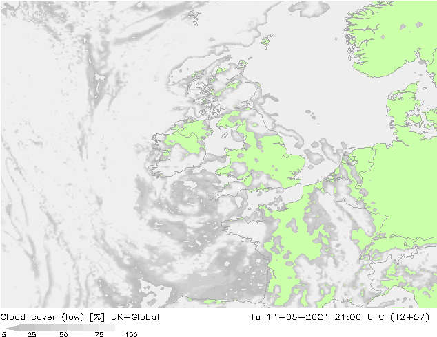 Cloud cover (low) UK-Global Tu 14.05.2024 21 UTC