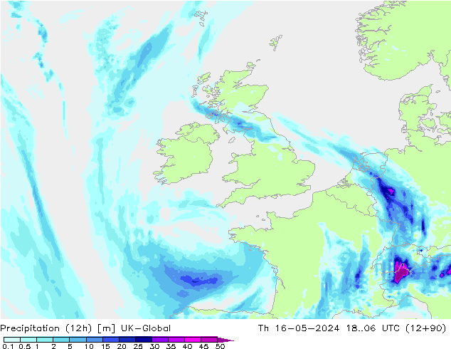 Precipitation (12h) UK-Global Th 16.05.2024 06 UTC