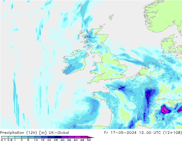 Precipitation (12h) UK-Global Fr 17.05.2024 00 UTC