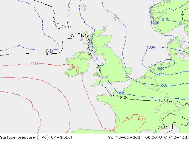 Pressione al suolo UK-Global sab 18.05.2024 06 UTC