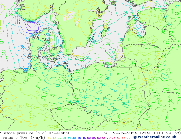 Isotachs (kph) UK-Global Su 19.05.2024 12 UTC