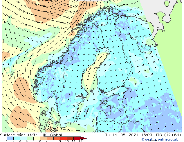 Surface wind (bft) UK-Global Tu 14.05.2024 18 UTC