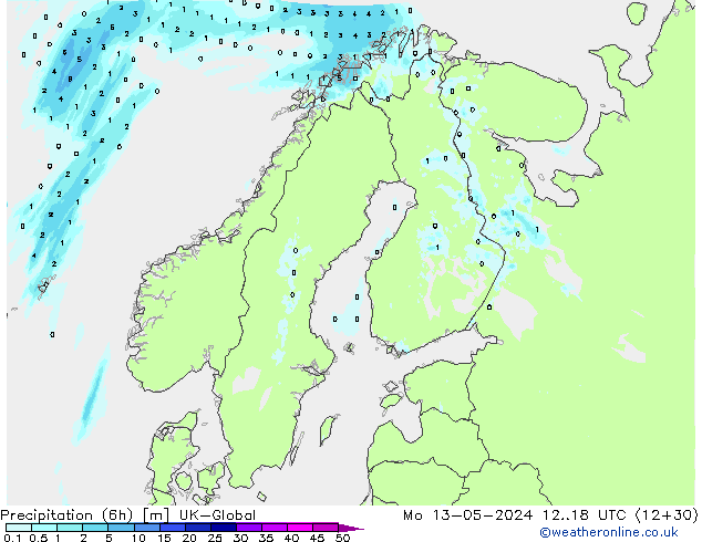 Precipitation (6h) UK-Global Mo 13.05.2024 18 UTC