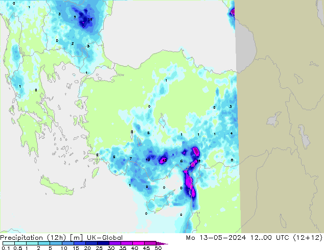 Precipitation (12h) UK-Global Mo 13.05.2024 00 UTC