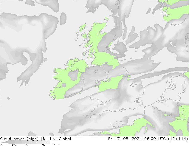 Cloud cover (high) UK-Global Fr 17.05.2024 06 UTC