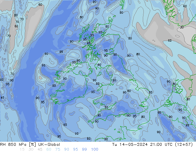 Humidité rel. 850 hPa UK-Global mar 14.05.2024 21 UTC