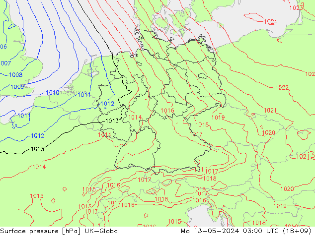 Presión superficial UK-Global lun 13.05.2024 03 UTC