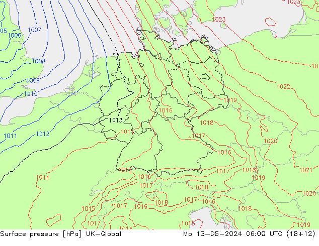 Surface pressure UK-Global Mo 13.05.2024 06 UTC