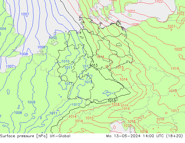 Surface pressure UK-Global Mo 13.05.2024 14 UTC