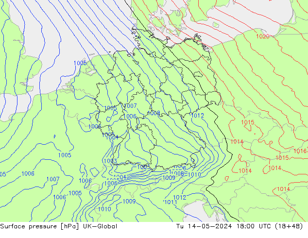 地面气压 UK-Global 星期二 14.05.2024 18 UTC