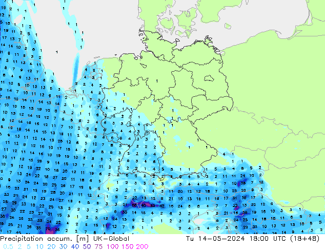 Precipitation accum. UK-Global Út 14.05.2024 18 UTC