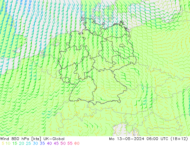 Wind 850 hPa UK-Global Mo 13.05.2024 06 UTC