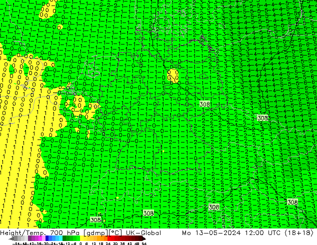 Hoogte/Temp. 700 hPa UK-Global ma 13.05.2024 12 UTC