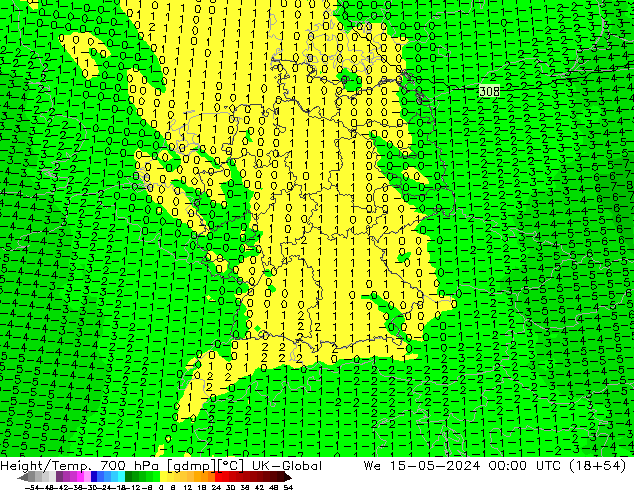 Height/Temp. 700 гПа UK-Global ср 15.05.2024 00 UTC