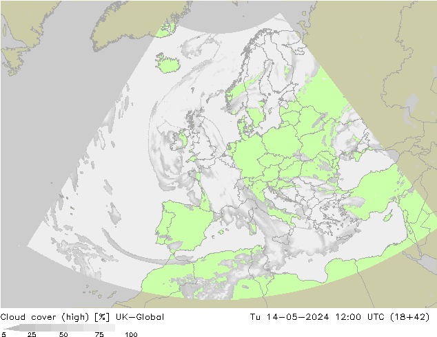 Cloud cover (high) UK-Global Tu 14.05.2024 12 UTC