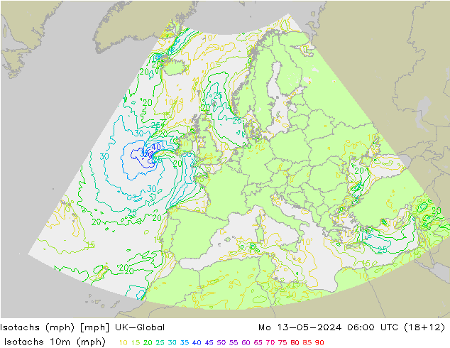 Isotachen (mph) UK-Global Mo 13.05.2024 06 UTC