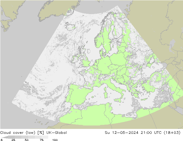 Cloud cover (low) UK-Global Su 12.05.2024 21 UTC