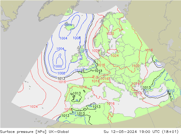 Surface pressure UK-Global Su 12.05.2024 19 UTC